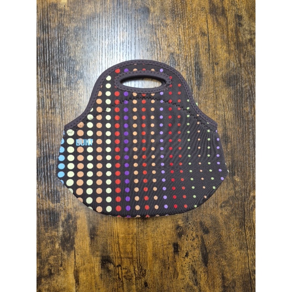 BUILT NY Neoprene Lunch Tote Bag Rainbow Polka Dot Insulated Zipper Black Multi